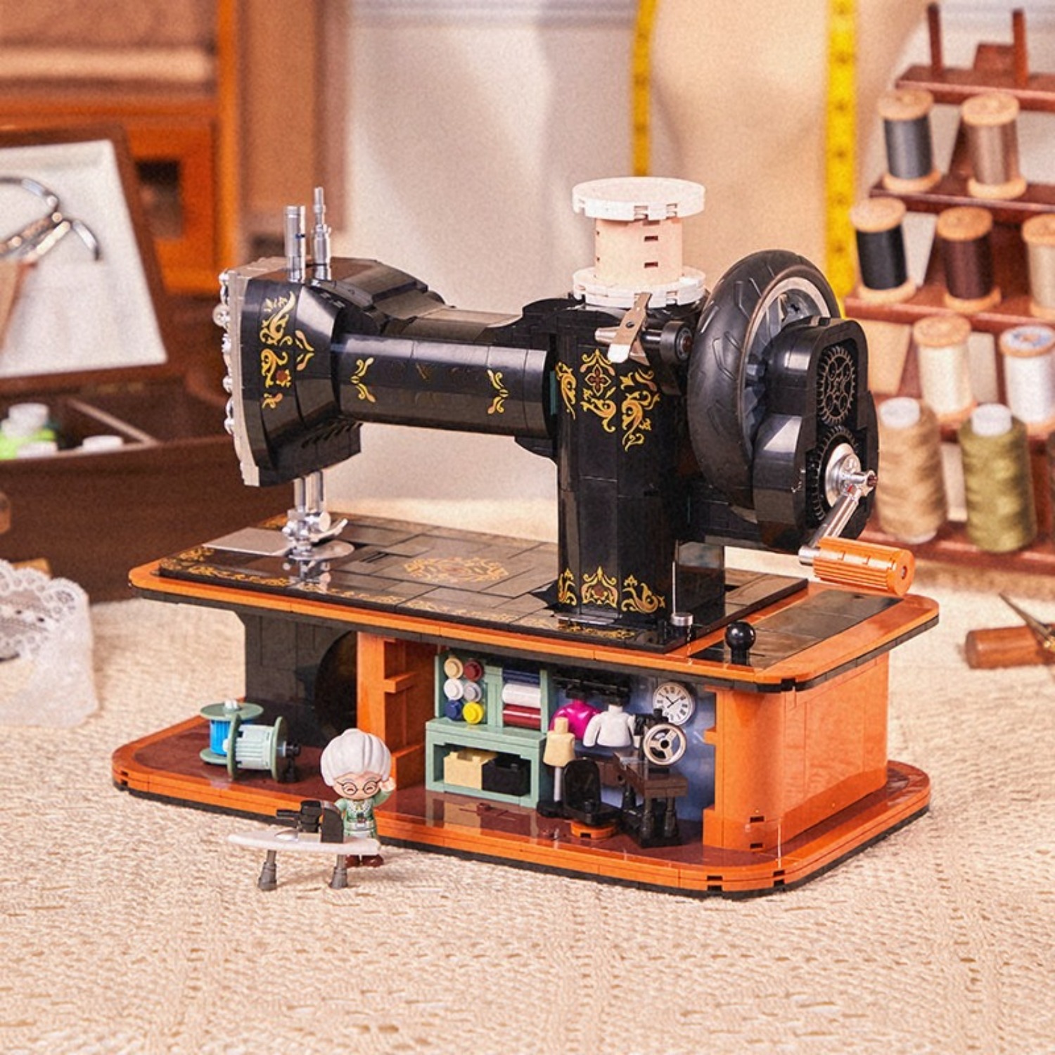 Vintage Collectible Shop - ヴィンテージ手回しミシンブリックモデル、機能的なギア連動機構付きのコレクターズアイテム、隠れたミニ仕立て屋、デスクデコレーションギフト