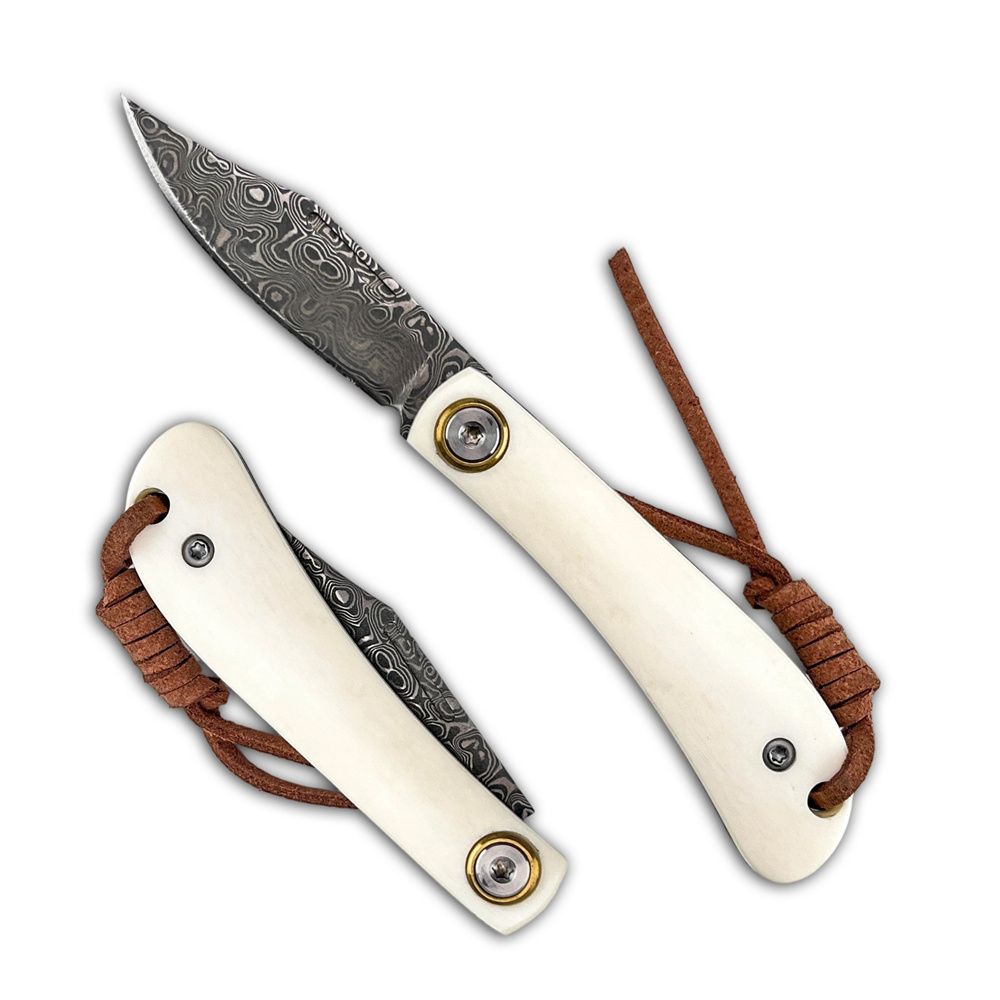 Vintage Collectible Knife - コンパクトなヴィンテージダマスカス折りたたみ式ポケットEDCナイフ、象牙の骨製ハンドル、キャンプ、狩猟、コレクション、ギフト用のアウトドアサバイバルナイフ