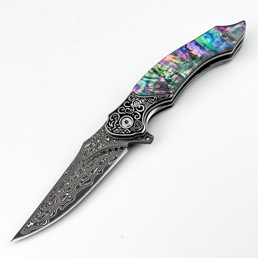 Vintage Collectible Knife - 新品ヴィンテージダマスカス模様ブレード折りたたみナイフ虹色アバロンシェルハンドルコレクタブルポケットキャリーEDCジャングルナイフ