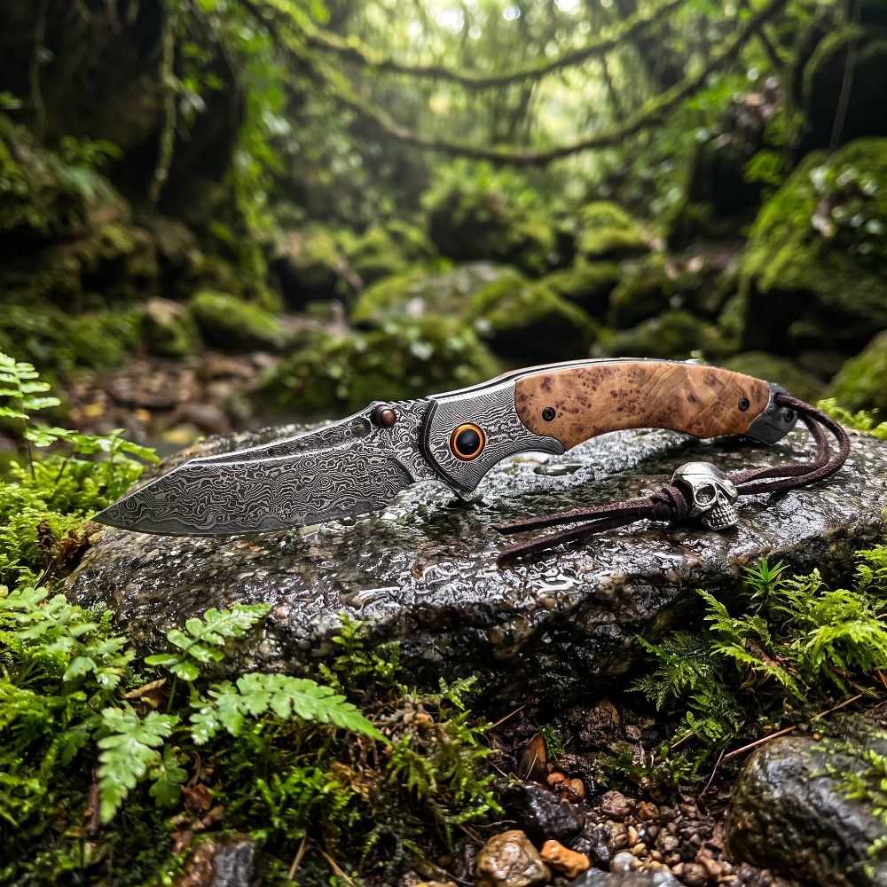 Vintage Collectible Knife - 高硬度ダマスカス模様折りたたみナイフ、ヴィンテージ装飾コレクターズアイテムポケットナイフ、ギフトコレクション、釣り用ナイフ