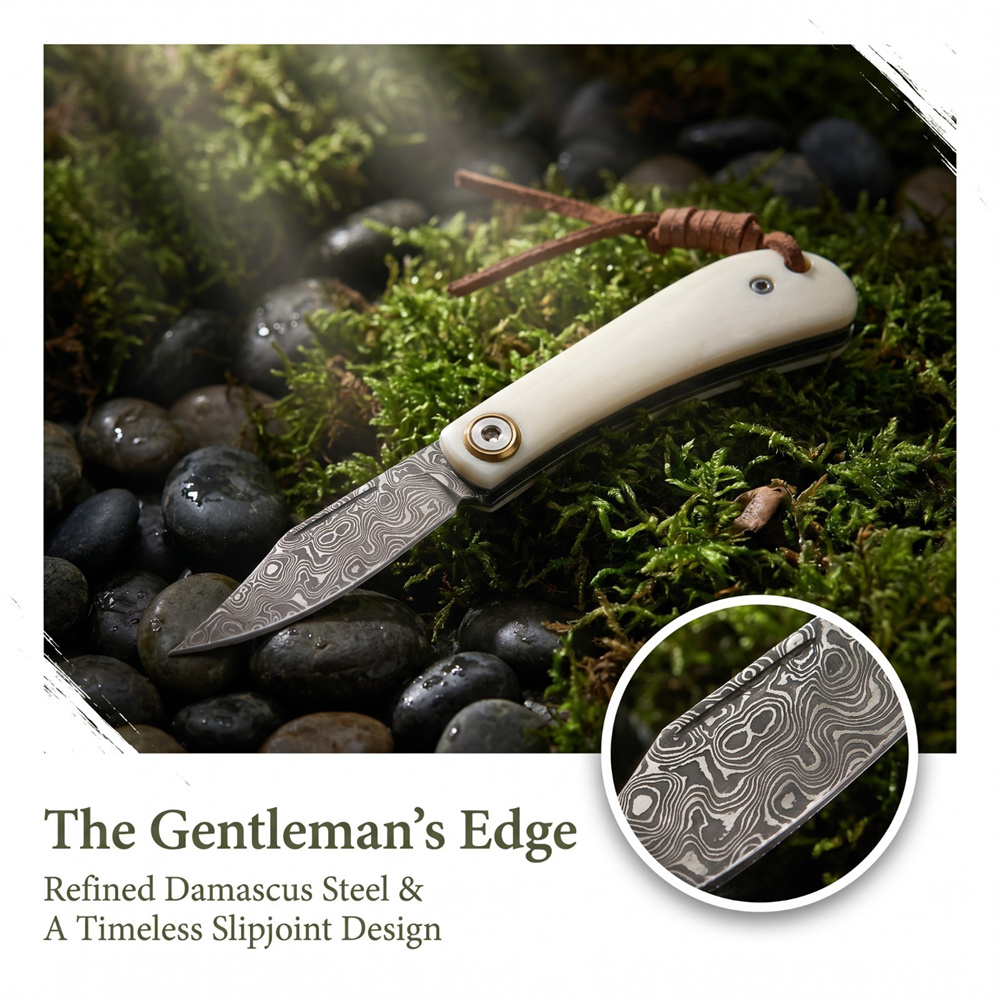 Vintage Collectible Knife - ヴィンテージダマスカス折りたたみ式EDCポケットナイフ、アイボリーボーンハンドル、コンパクトサバイバルキャンプナイフ、アウトドアハンティングコレクションギフト