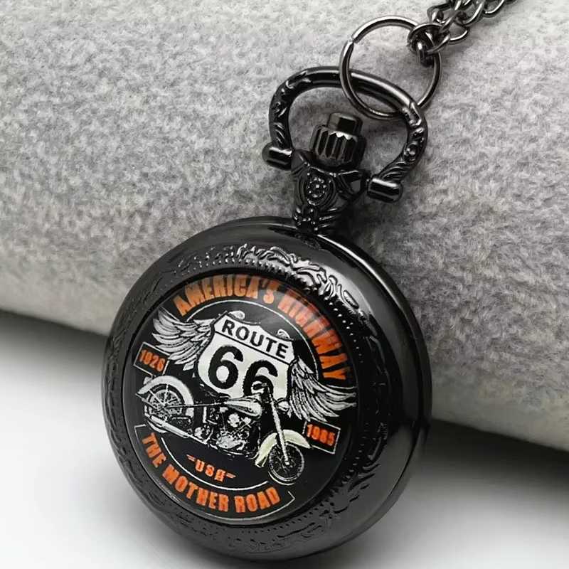 ブラックレトロルート66モーターサイクル懐中時計クォーツムー - Vintage Collectible Glass のレビューと価格